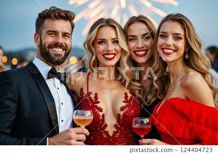 A group of people standing next to each other holding wine glasses 124404723