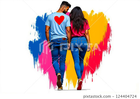 A man and a woman walking down a street holding hands 124404724