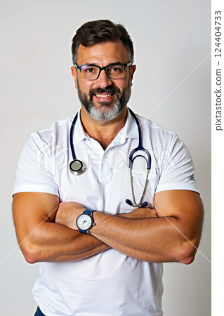 A man with a stethoscope on his neck and a white shirt A man with a stethoscope on his neck and a white shirt 124404733