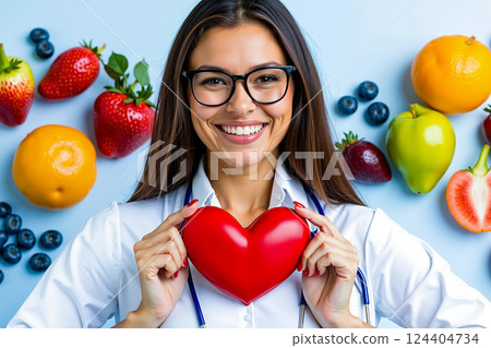 A woman holding a red heart in front of a variety of fruits 124404734