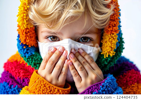 A little girl wearing a face mask covering her mouth with her hands 124404735
