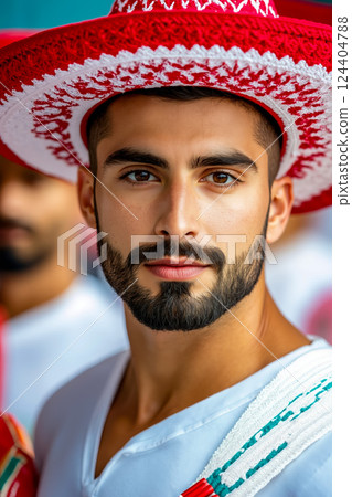 A man wearing a red and white sombrero with a beard A man wearing a red and white sombrero with a beard 124404788