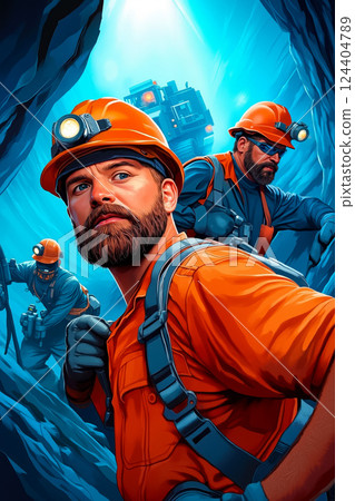 A man in an orange hard hat standing in a cave A man in an orange hard hat standing in a cave 124404789