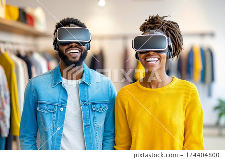 A man and a woman wearing virtual reality headsets in a clothing store 124404800