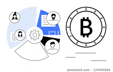 Bitcoin symbol next to pie chart divided into segments, each with an avatar and document icon. Gear wheel in the middle. Ideal for cryptocurrency, teamwork, collaboration, decentralized systems 124404804