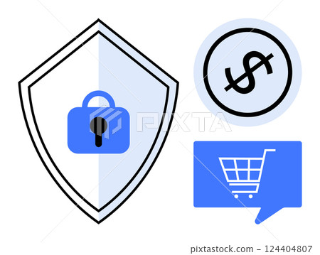 Security shield with a lock, dollar sign, and shopping cart in speech bubble suggest safety and e-commerce transactions. Ideal for online security, finance, retail, e-commerce, data protection Security shield with a lock, dollar sign, and shopping cart in speech bubble suggest safety and e-commerce transactions. Ideal for online security, finance, retail, e-commerce, data protection 124404807
