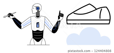 Robotic artist holding a brush while pointing, showcasing a futuristic shoe design and a cloud. Ideal for tech innovation, automation, art, fashion, AI, creative tools, futuristic themes. Line Robotic artist holding a brush while pointing, showcasing a futuristic shoe design and a cloud. Ideal for tech innovation, automation, art, fashion, AI, creative tools, futuristic themes. Line 124404808