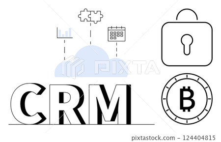 CRM text with cloud beneath puzzle pieces, graph, calendar. Right side holds lock and blockchain symbol. Ideal for business management, data analysis, security, technology, blockchain, cloud CRM text with cloud beneath puzzle pieces, graph, calendar. Right side holds lock and blockchain symbol. Ideal for business management, data analysis, security, technology, blockchain, cloud 124404815