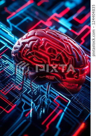 A red brain on a circuit board with a red light coming out of it A red brain on a circuit board with a red light coming out of it 124404835