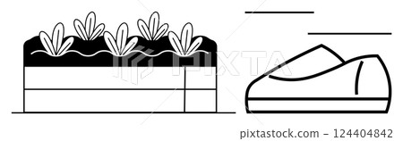 Minimalistic design of a shoe beside a garden box with plants. Ideal for growth, movement, sustainability, nature, agriculture, lifestyle, and environmental themes. Line metaphor 124404842