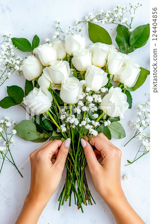 A person holding a bunch of white roses in their hands A person holding a bunch of white roses in their hands 124404856
