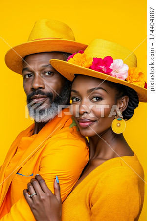 A man and a woman wearing yellow hats pose for a picture 124404887