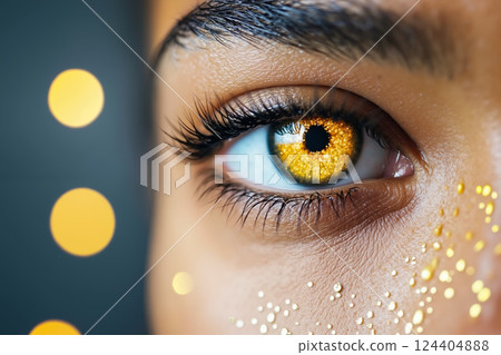 A close up of a woman's eye with gold glitter on it A close up of a woman's eye with gold glitter on it 124404888
