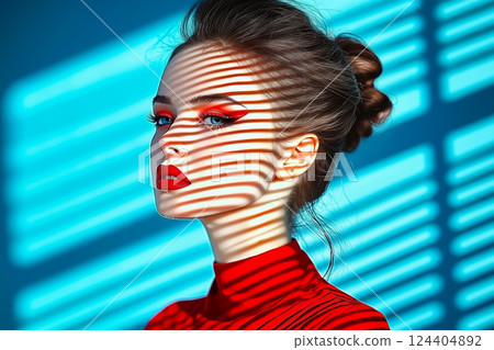 A woman in a red dress with a striped face paint on her face 124404892
