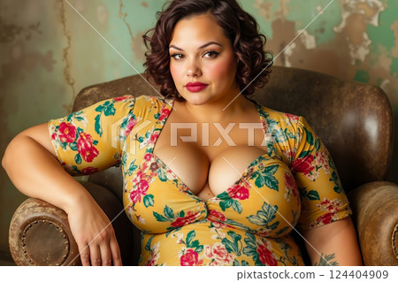 A woman in a yellow floral dress sitting in a brown chair 124404909