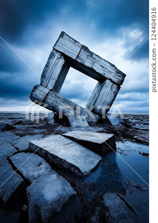 A wooden structure sitting on top of a rocky beach 124404916