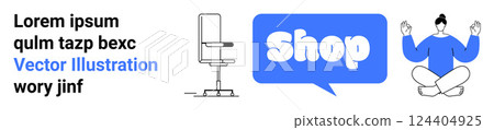 Text block with placeholder text, a simple chair, a blue shop button, and a man in meditation pose. Ideal for e-commerce, relaxation, lifestyle, business, and tech. Banner for landing page Text block with placeholder text, a simple chair, a blue shop button, and a man in meditation pose. Ideal for e-commerce, relaxation, lifestyle, business, and tech. Banner for landing page 124404925