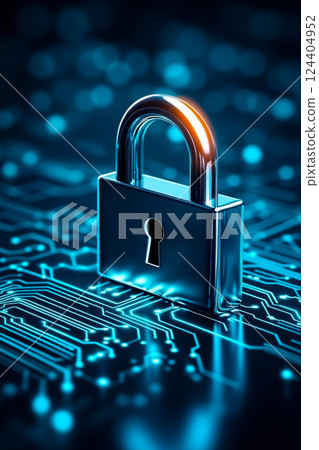 A padlock on a circuit board with a blue background A padlock on a circuit board with a blue background 124404952