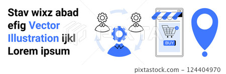 Shopping cart icon on a smartphone, gears in a cycle, and a map pin. Blue and black color scheme. Ideal for e-commerce, digital marketing, technology, automation, and logistics. Banner for landing 124404970