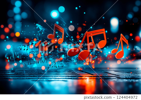 A blue and red music notes floating in the air 124404972