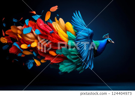 A colorful peacock flying through the air with its feathers spread out 124404973