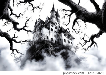 A black and white photo of a castle in the middle of a forest 124405029