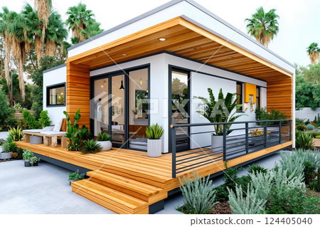 A small house with a deck and a patio area A small house with a deck and a patio area 124405040