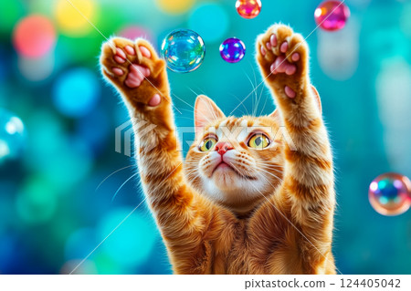 A cat playing with bubbles in the air 124405042