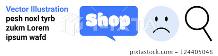 Blue speech bubble with the word Shop and search magnifying glass. Ideal for e-commerce, product search, online shopping, customer service, marketing. Banner for landing page Blue speech bubble with the word Shop and search magnifying glass. Ideal for e-commerce, product search, online shopping, customer service, marketing. Banner for landing page 124405048