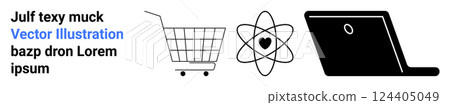 Black and white vector with shopping cart, atom symbol, and laptop. Ideal for technology, e-commerce, science, digital, and business themes. Banner for landing page 124405049