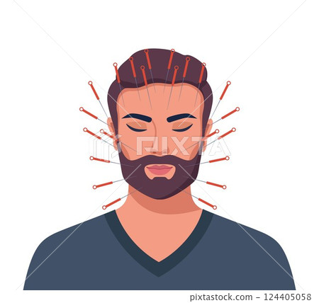 Acupuncture. Man with closed eyes and needles in her face. Alternative Oriental Medicine. Vector illustration. 124405058