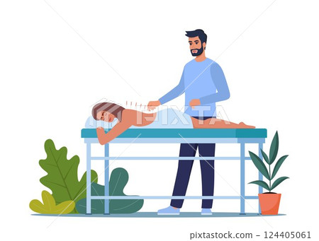 Woman Applying Acupuncture Therapy in Spa Salon. Therapist Inject Needles in Woman Back. Chinese needle alternative medicine and treatment. Vector Illustration. 124405061