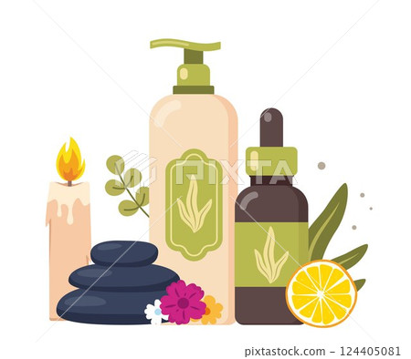 Stack of three black hot stones, spa salon accessory. Aromatherapy, massage, spa salon. Vector illustration. Stack of three black hot stones, spa salon accessory. Aromatherapy, massage, spa salon. Vector illustration. 124405081