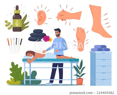 Alternative Medicine icons. Holistic center, naturopathic medicine, acupuncture, aromatherapy, massage, spa. Elements for web site, print design, business card. Vector illustration. 124405082