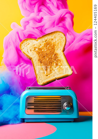 A slice of bread flying out of a toaster on a colorful background A slice of bread flying out of a toaster on a colorful background 124405169