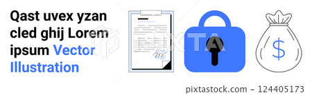 Three icons featuring a clipboard with documents, a padlock symbolizing security, and a money bag. Ideal for finance, security, document management, encryption, and data protection. Banner Three icons featuring a clipboard with documents, a padlock symbolizing security, and a money bag. Ideal for finance, security, document management, encryption, and data protection. Banner 124405173