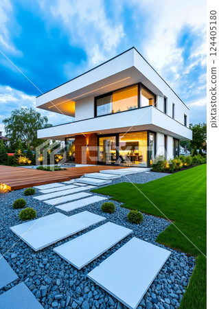 A modern house with a walkway leading to the front door 124405180