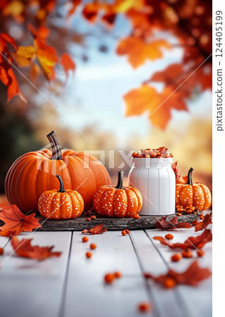 A group of pumpkins sitting on top of a wooden table 124405199