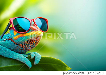 A chameleon wearing sunglasses sitting on top of a green leaf 124405210