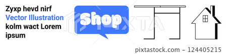 A blue Shop icon in a dialog box featuring a minimalist building structure and a house outline with text elements. Ideal for online shopping site building construction architecture home purchasing 124405215