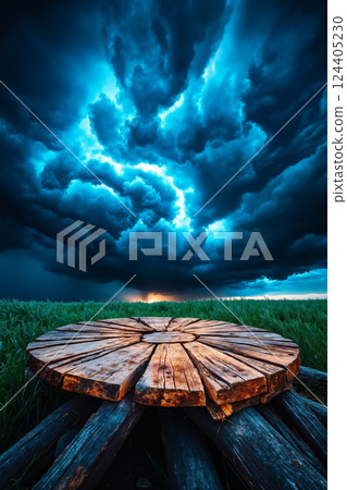 A wooden table sitting in the middle of a grassy field under a stormy sky A wooden table sitting in the middle of a grassy field under a stormy sky 124405230