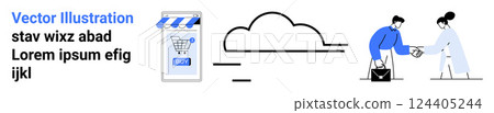 Mobile shopping with a cloud network and business exchange. Ideal for e-commerce, digital transactions, cloud services, online retail, and business partnerships. Banner for landing page 124405244