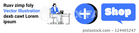 A person working on a laptop at a desk, a large blue plus sign, and a blue speech bubble with the word shop. Ideal for online shopping, e-commerce, digital marketing, business, websites. Banner for 124405247