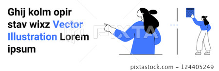 Woman in blue top pointing with abstract text nearby. Ideal for modern design, digital marketing, educational content, business presentations, creative projects. Banner for landing page 124405249