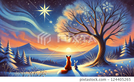 這是一個奇幻的場景：一隻狐狸和一隻兔子擠在雪地裡，凝視著冬日天空下閃爍的大星星下的日落。 124405265