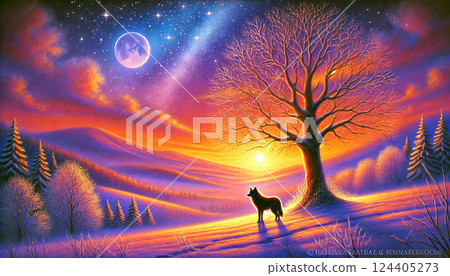 A fantastical scene of a wolf and a large tree lit up in the winter twilight under the full moon and twinkling shooting stars. 124405273