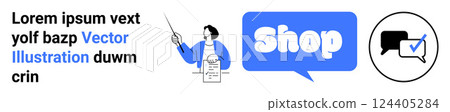 Cartoon character holding document and pointing, blue speech bubble with Shop text, black speech bubble with check mark. Ideal for online shopping, business, customer service, e-commerce Cartoon character holding document and pointing, blue speech bubble with Shop text, black speech bubble with check mark. Ideal for online shopping, business, customer service, e-commerce 124405284