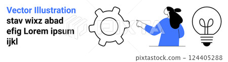 A person points toward a gear and light bulb, symbolizing innovation and problem-solving. Ideal for business, strategy, technology, brainstorming, and startups. Banner for landing page 124405288