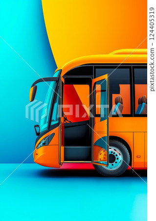An orange bus with the door open on a blue and yellow background An orange bus with the door open on a blue and yellow background 124405319
