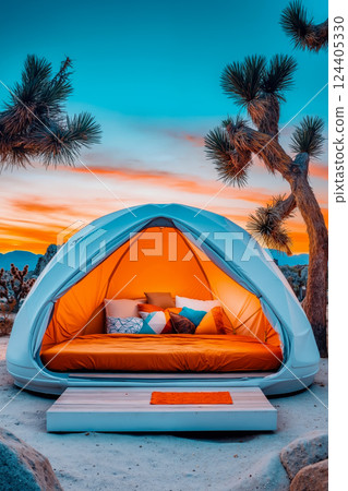 A bed in the middle of a desert with a joshua tree in the background 124405330